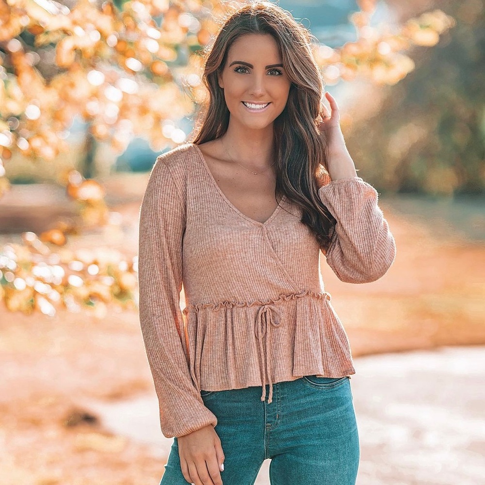 Pink Lily Long Sleeve Ribbed Wrap Top